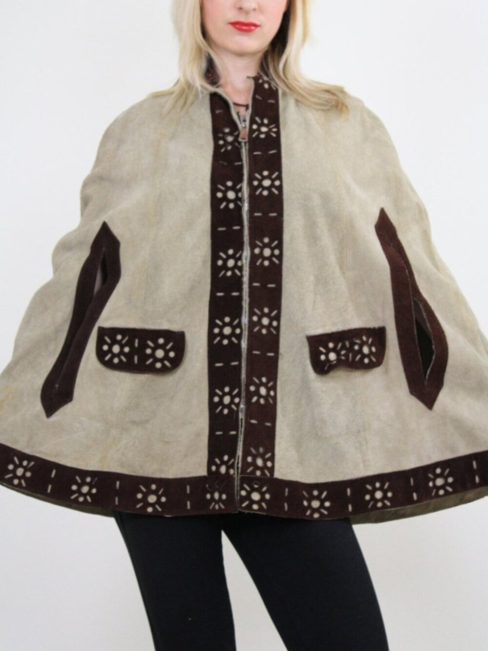 Vintage 60s hippie boho suede leather PENNY LANE cape coat